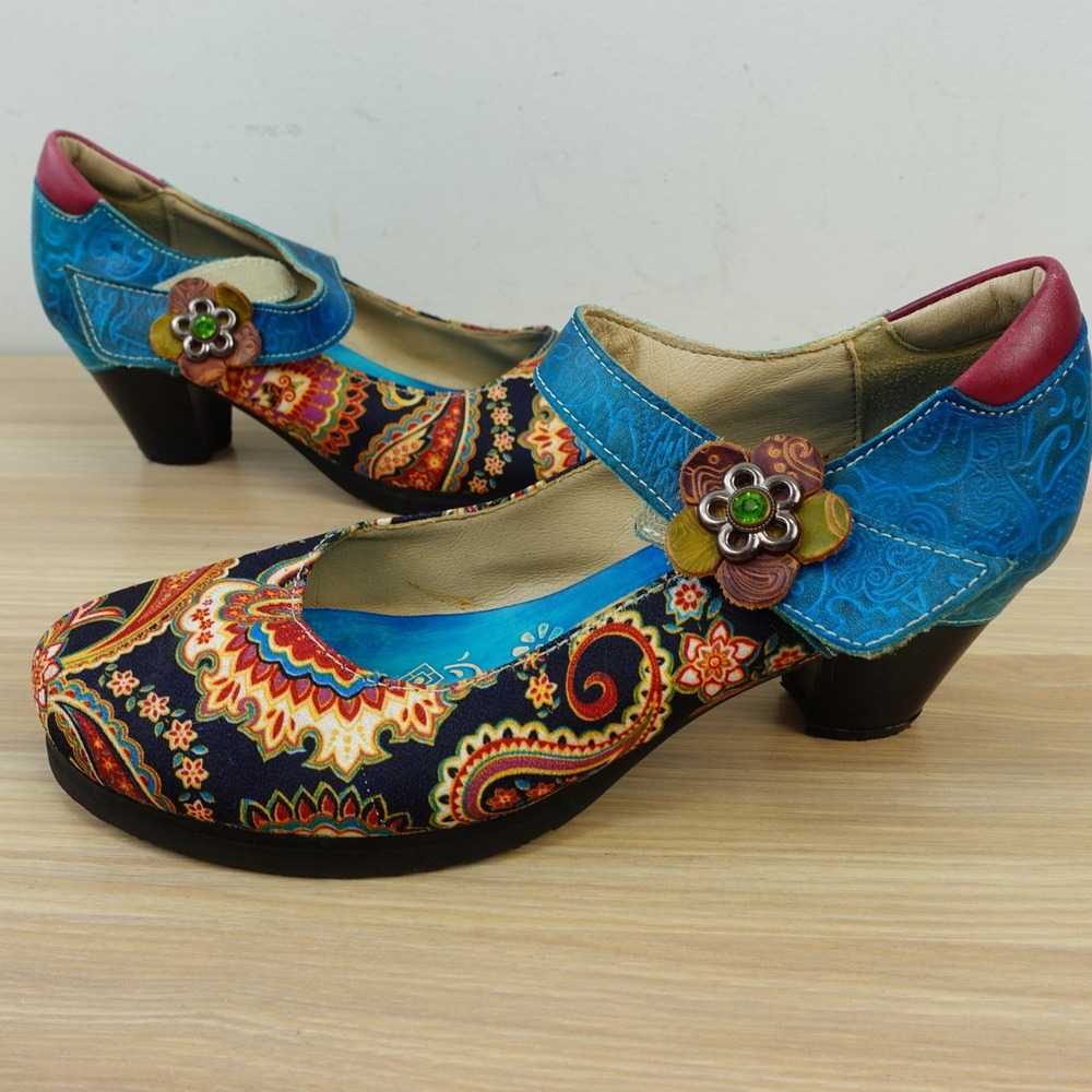 Paisley Mary Jane Pumps Womens 8 Blue Boho Festival Block Heel Artisan SOCOFY 39